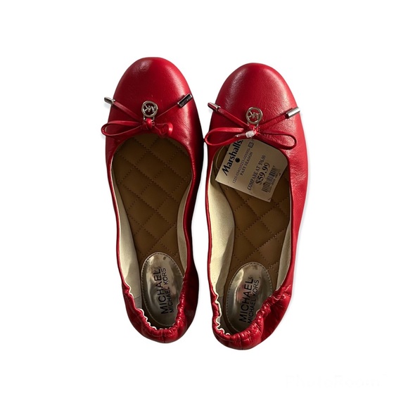 MICHAEL KORS NWT Bright Red Leather Bow Ballet Flats with Silver Logo - Picture 2 of 8